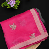 Rani Pink Organza Saree With Gold Embroidered Floral Booti And Ribbon Border