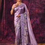 Lavender With Cutwork Lace Border And Bird Embroidery Tissue Silk Saree