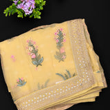 Gold Kanjivaram Saree With Lotus Floral Embroidery And Mirror Work Border