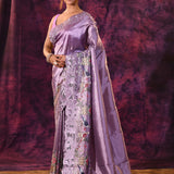 Lavender With Cutwork Lace Border And Bird Embroidery Tissue Silk Saree