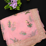 Pink Kanjivaram Saree With All-Over Floral Thread Embroidery And Gold Mirror Border