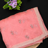 Coral Peach Organza Saree With Multicolour Thread Floral Butti & Gold Zardozi Sequin Border