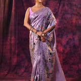 Lavender With Cutwork Lace Border And Bird Embroidery Tissue Silk Saree