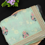 Mint Green Organza Saree With Multicolour Floral Butti & Heavy Gold Zardozi Embroidered Border