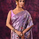 Lavender With Cutwork Lace Border And Bird Embroidery Tissue Silk Saree
