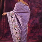 Lavender With Cutwork Lace Border And Bird Embroidery Tissue Silk Saree