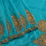 Teal Saree With Gold Medallion Embroidery