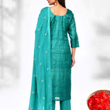 Turquoise Green Raw Silk Thread Work Kurta Set