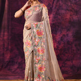 Gold Beige With Multicolor Floral Paisley Applique Work Tissue Silk Embroidered Saree