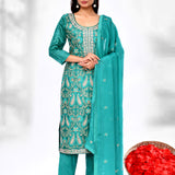 Turquoise Green Raw Silk Thread Work Kurta Set