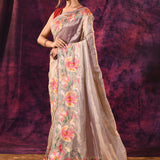 Gold Beige With Multicolor Floral Paisley Applique Work Tissue Silk Embroidered Saree