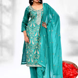 Turquoise Green Raw Silk Thread Work Kurta Set
