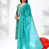 Turquoise Green Raw Silk Thread Work Kurta Set