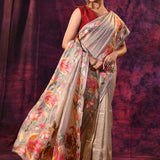 Gold Beige With Multicolor Floral Paisley Applique Work Tissue Silk Embroidered Saree