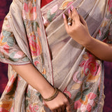Gold Beige With Multicolor Floral Paisley Applique Work Tissue Silk Embroidered Saree