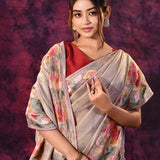 Gold Beige With Multicolor Floral Paisley Applique Work Tissue Silk Embroidered Saree
