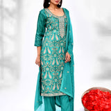 Turquoise Green Raw Silk Thread Work Kurta Set