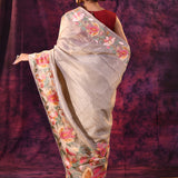 Gold Beige With Multicolor Floral Paisley Applique Work Tissue Silk Embroidered Saree