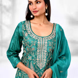 Turquoise Green Raw Silk Thread Work Kurta Set