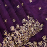 Deep Purple Organza Saree With Heavy Hand Embroidered Floral Vine Border And Zari Booti