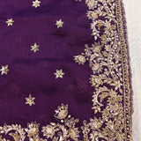 Deep Purple Organza Saree With Heavy Hand Embroidered Floral Vine Border And Zari Booti