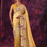 Mustard Gold With Cutwork Lace Border And Rose Embroidery Satin Saree