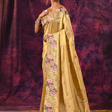 Mustard Gold With Cutwork Lace Border And Rose Embroidery Satin Saree