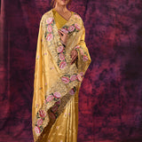 Mustard Gold With Cutwork Lace Border And Rose Embroidery Satin Saree