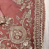 Mauve Rose Organza Saree With Hand Embroidered Paisley Vine Border And Floral Booti