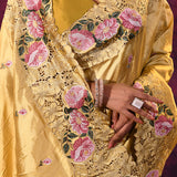 Mustard Gold With Cutwork Lace Border And Rose Embroidery Satin Saree