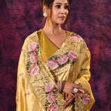 Mustard Gold With Cutwork Lace Border And Rose Embroidery Satin Saree