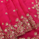 Rani Pink Organza Saree With Heavy Hand Embroidered Floral Vine Border And Star Booti