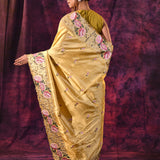 Mustard Gold With Cutwork Lace Border And Rose Embroidery Satin Saree