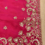 Rani Pink Organza Saree With Heavy Hand Embroidered Floral Vine Border And Star Booti
