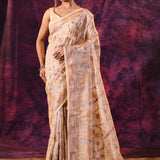 Refined Beige With Floral And Heritage Temple Motifs Chanderi Saree