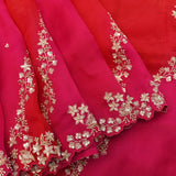 Red Organza Saree With Hand Embroidered Floral Vine Border In Pearl And Gold Beadwork