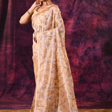 Refined Beige With Floral And Heritage Temple Motifs Chanderi Saree
