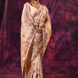 Refined Beige With Floral And Heritage Temple Motifs Chanderi Saree