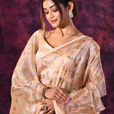 Refined Beige With Floral And Heritage Temple Motifs Chanderi Saree