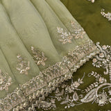 Olive Green Organza Saree With Heavy Hand Embroidered Silver Paisley Vine Border