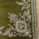Olive Green Organza Saree With Heavy Hand Embroidered Silver Paisley Vine Border