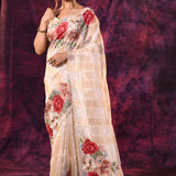Beige With Striped Weave, Red Rose Embroidery And Scalloped Border Organza Saree