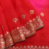 Red And Pink Dual-Tone Organza Saree With Hand Embroidered Zari Border And Floral Booti
