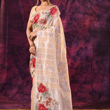 Beige With Striped Weave, Red Rose Embroidery And Scalloped Border Organza Saree
