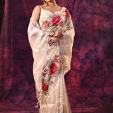 Beige With Striped Weave, Red Rose Embroidery And Scalloped Border Organza Saree