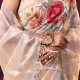 Beige With Striped Weave, Red Rose Embroidery And Scalloped Border Organza Saree