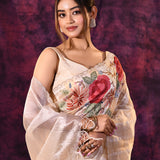 Beige With Striped Weave, Red Rose Embroidery And Scalloped Border Organza Saree