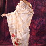 Beige With Striped Weave, Red Rose Embroidery And Scalloped Border Organza Saree