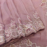 Dusty Mauve Organza Saree With Heavy Hand Embroidered Pearl Floral Border