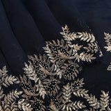 Navy Blue Organza Saree With Hand Embroidered Leaf Motif Border And Stone Work